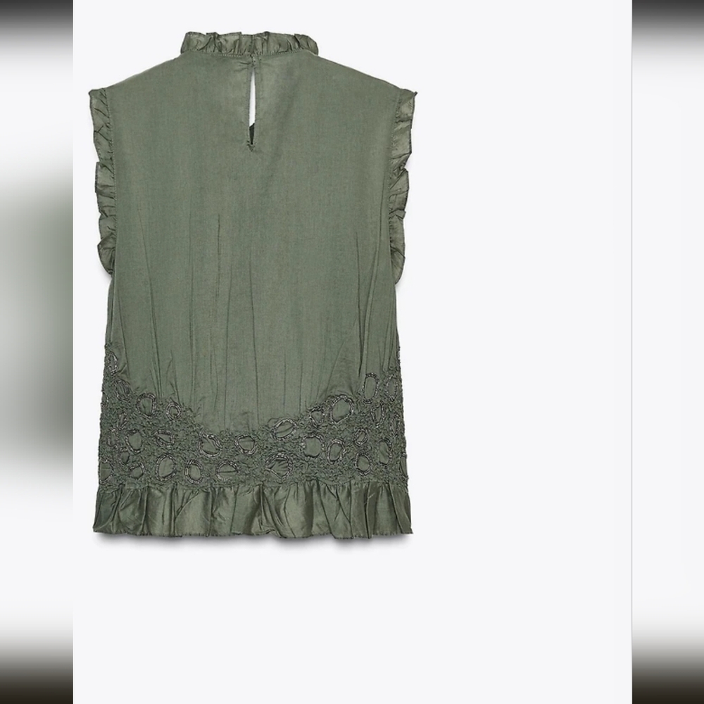Zara Olive Green Ruffle Sleeve Beaded/Embroidered Ruffle Top - Picture 5 of 5